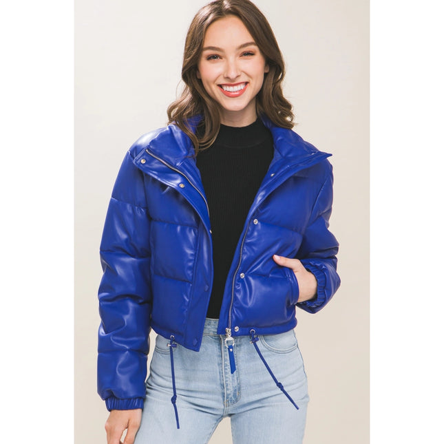 Faux Leather Puffer Jacket Royal-Jacket-Faith Apparel-S-Urbanheer