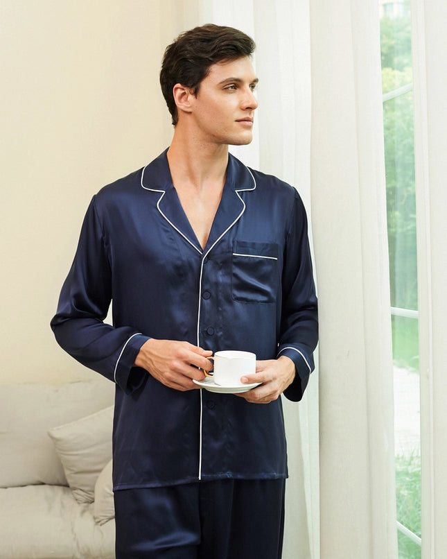 Piped Silk Pajamas - For Men Navy Blue-Pajamas-MommeSilk-Urbanheer