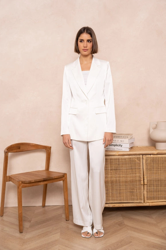 Satin Plain Fitted Jacket White-Jacket-Attentif Paris-Urbanheer