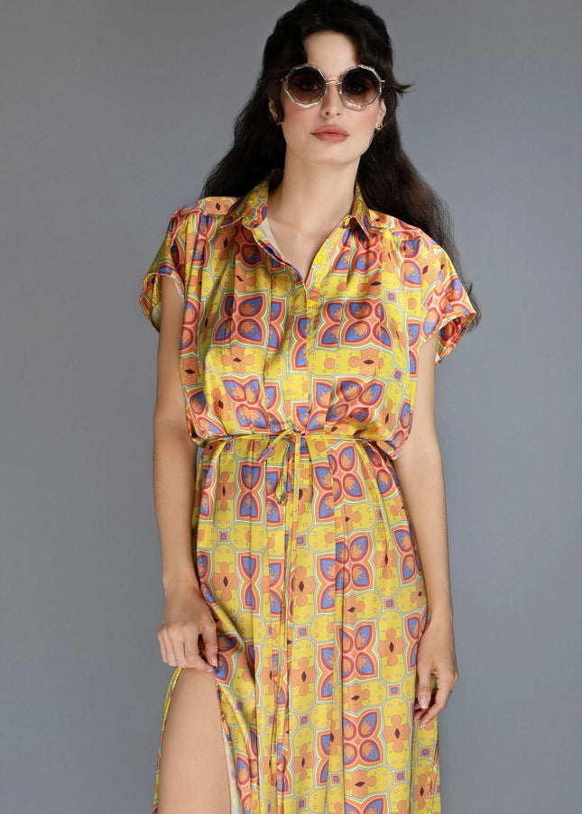 Relaxed Fit Gold Mescaline Satin Spread Collar Women'S Dress-Nuvula-Urbanheer