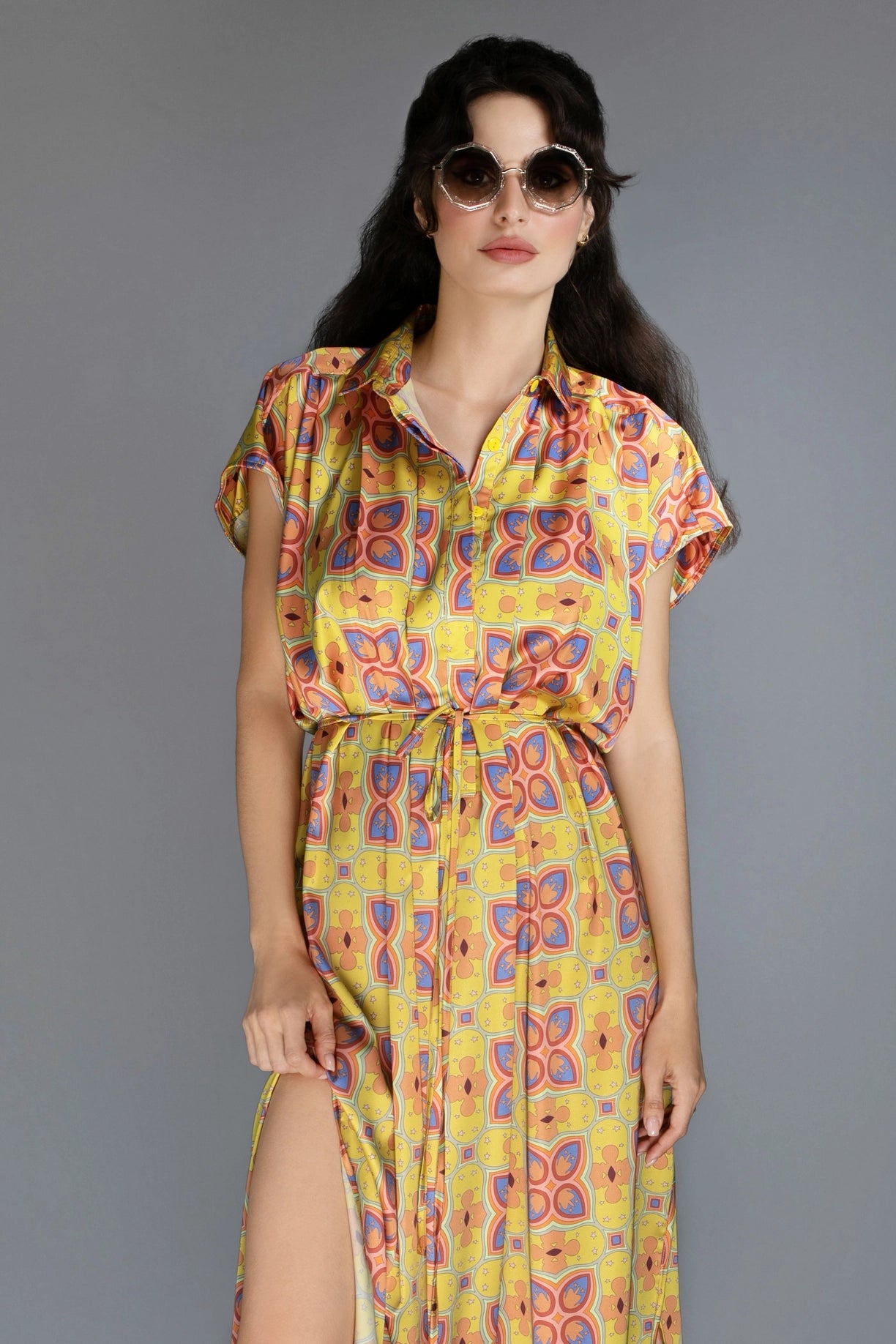 Relaxed Fit Gold Mescaline Satin Spread Collar Women'S Dress-Nuvula-Urbanheer