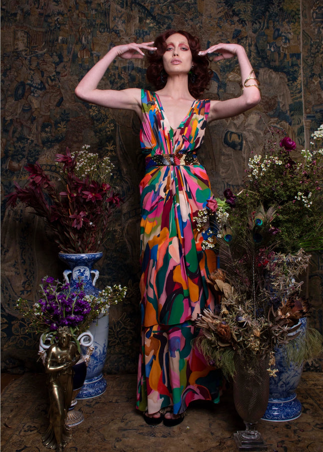 Safaa Blooming Pleated Long Dress In Exquisite Silk Crepe-Clothing - Women-La fuori-Urbanheer