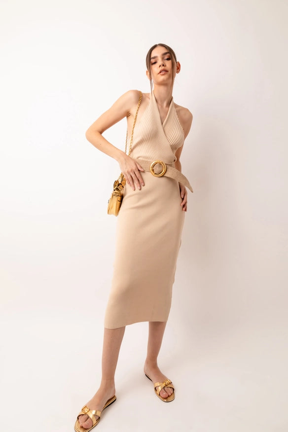 Marrakech Knit Fitted Halter Neck Midi Dress Beige-Dress-Amy Lynn-Urbanheer