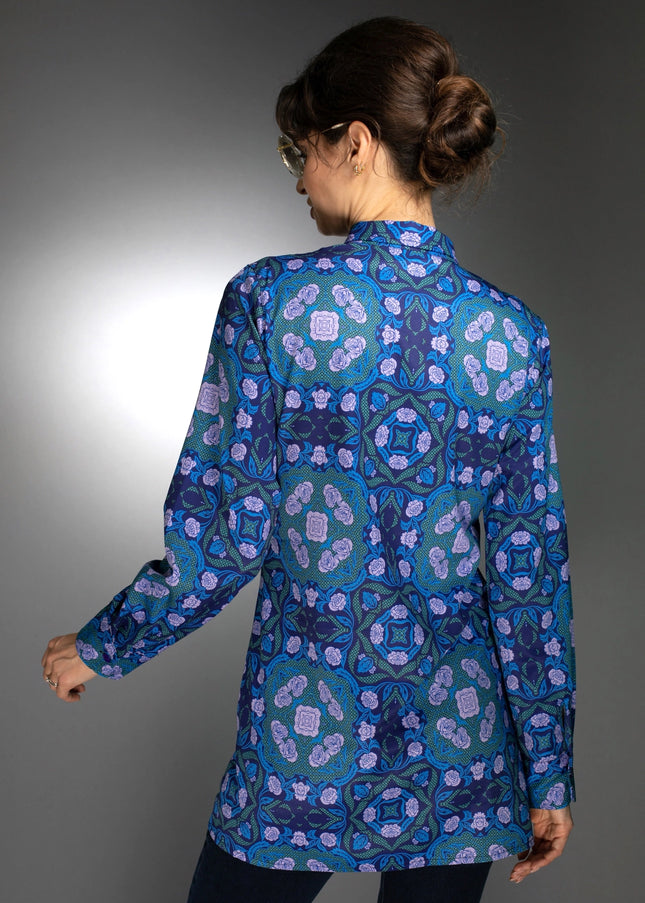 Floral Geometric Shape Long Shirt Roses Cobalt Blue / Lilac-Nuvula-Urbanheer