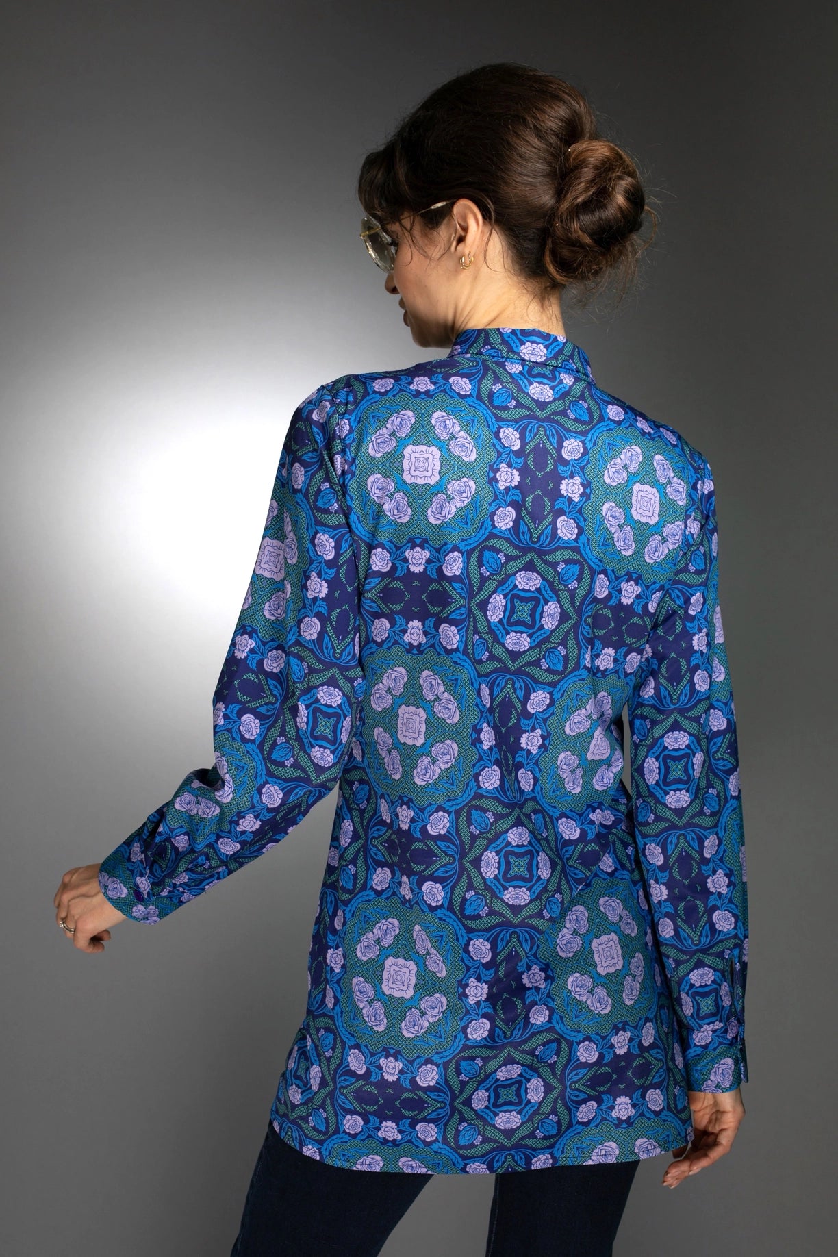 Floral Geometric Shape Long Shirt Roses Cobalt Blue / Lilac-Nuvula-Urbanheer