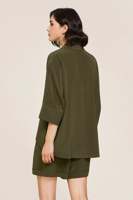 Weekend Oversize Silk Co-Ord Set Olive Green-Sets-MommeSilk-Urbanheer