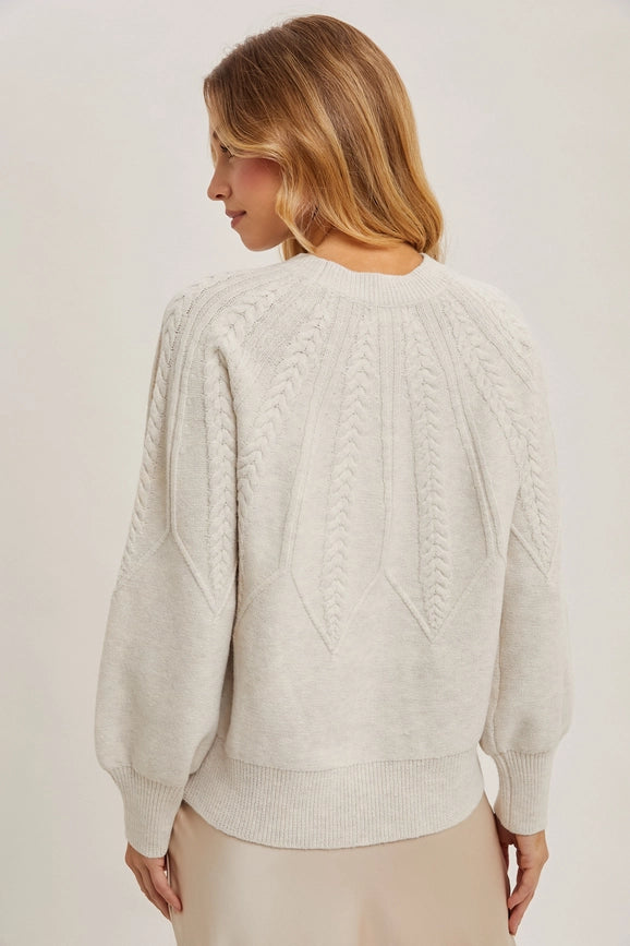 Long Sleeve Crew Neck Cable Knit Sweater OATMEAL