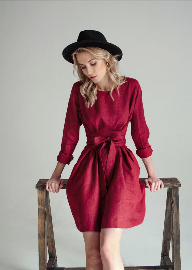 Burgundy Wrap Linen Belted Bridesmaid Dress-Clothing - Women-Nich Linen-XXS-Burgundy-Urbanheer