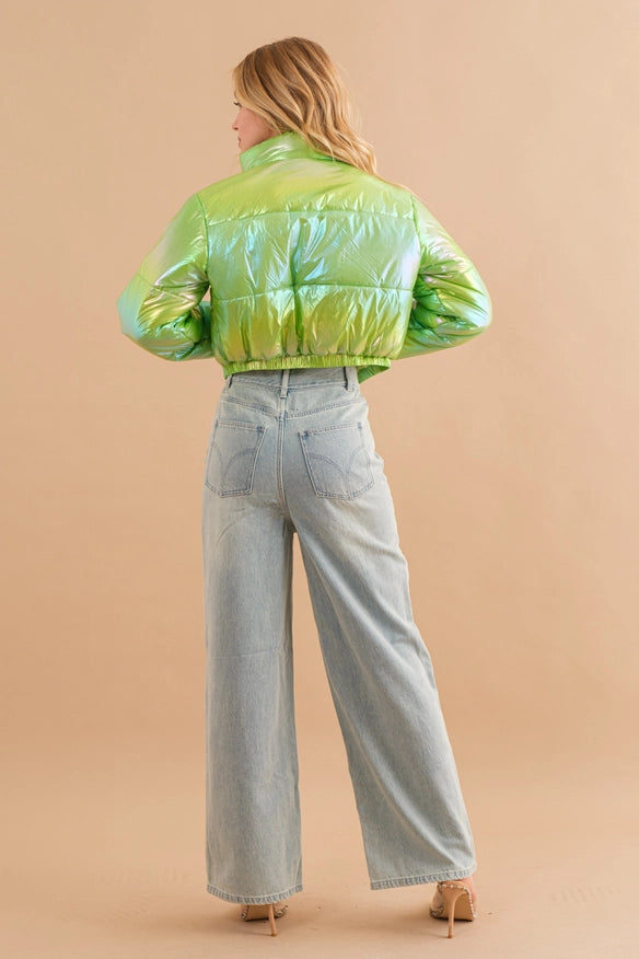 Windbreaker Metallic Puffer Crop Zip Up Jacket Lime-Jacket-Blue B-Urbanheer