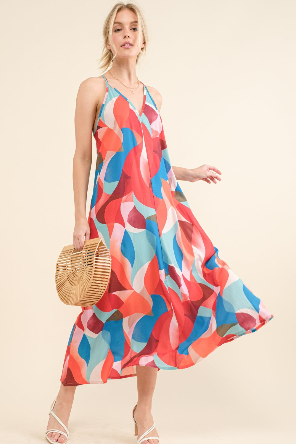 And the Why Printed Crisscross Back Cami Dress-UHX-Blue Multi-S-Urbanheer