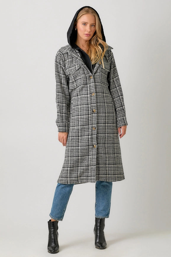 Twofer Hoodie Plaid Long Jacket Black Mix