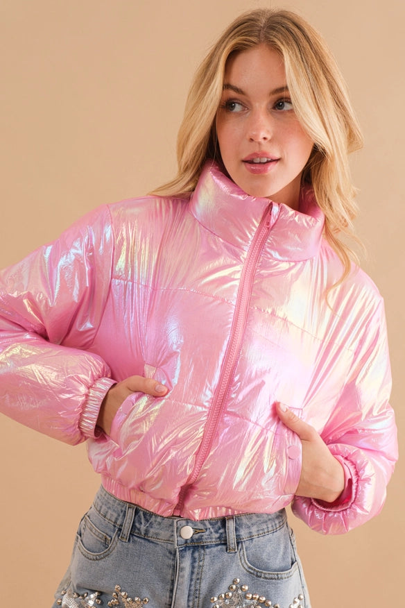 Windbreaker Metallic Puffer Crop Zip Up Jacket Pink-Jacket-Blue B-Urbanheer