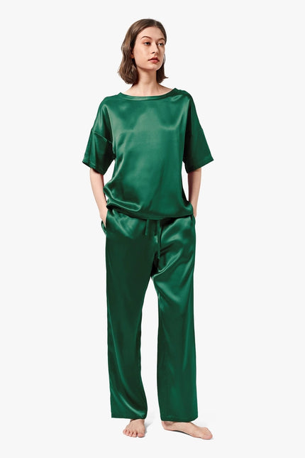 Sunday Morning Silk Pajamas Emerald Green-Pajamas-MommeSilk-Urbanheer