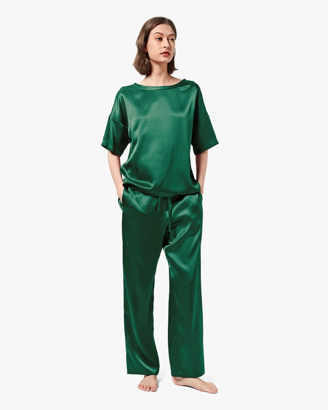 Sunday Morning Silk Pajamas Emerald Green-Pajamas-MommeSilk-Urbanheer