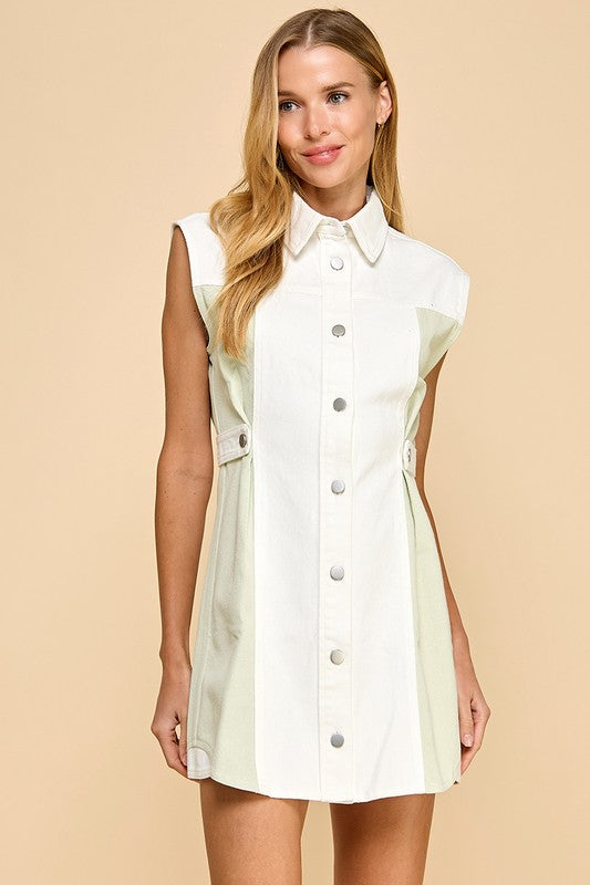 Two Toned Denim Sleeveless Button Up Dress