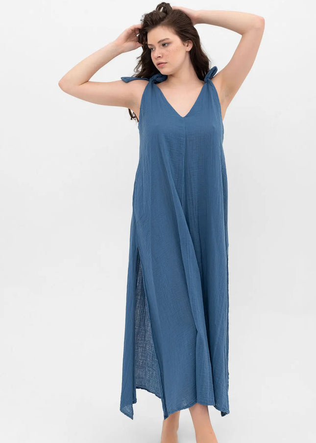 Cotton V Neck Long Dress 3511-Clothing - Women-Blanca-Urbanheer