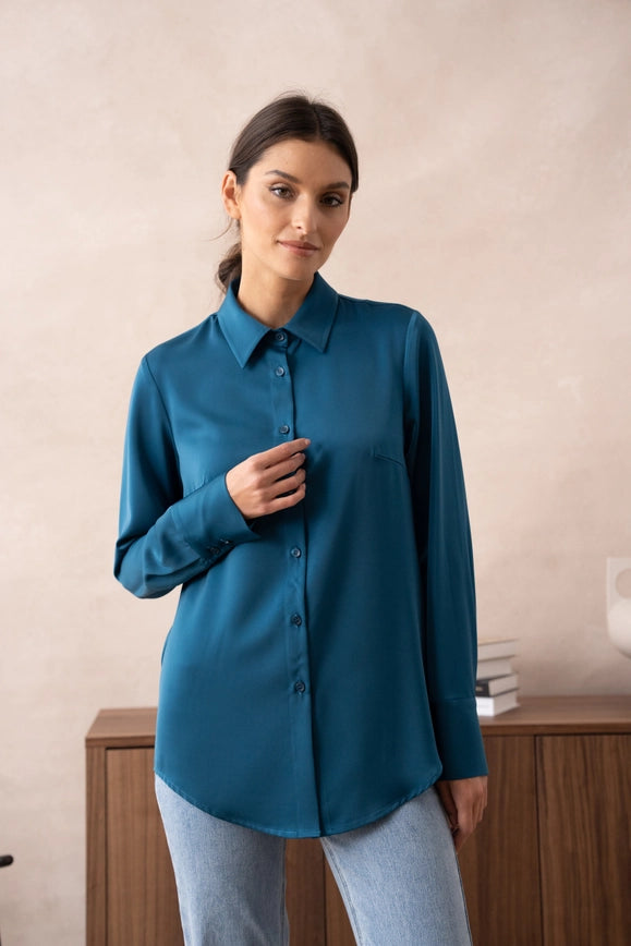 Plain Satin Shirt with Lapel Collar Duck Blue-SHIRT-Attentif Paris-Urbanheer