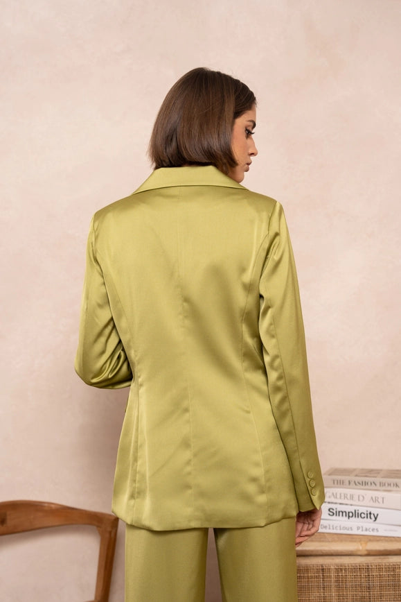 Satin Plain Fitted Jacket Olive-Jacket-Attentif Paris-Urbanheer