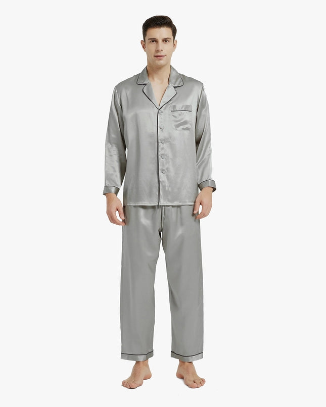 Piped Silk Pajamas - For Men Silver Gray-Pajamas-MommeSilk-Urbanheer