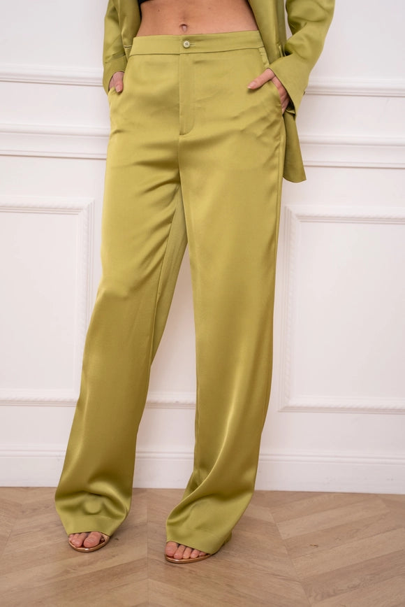 Satin Straight Cut Pants Olive-Pants-Attentif Paris-S-Urbanheer