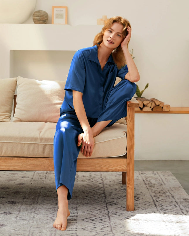 Short Sleeve Silk Pajamas Klein Blue-Pajamas-MommeSilk-XS-Urbanheer