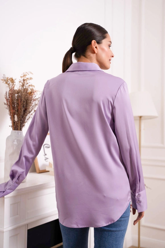 Plain Satin Shirt with Lapel Collar Lilac-SHIRT-Attentif Paris-Urbanheer