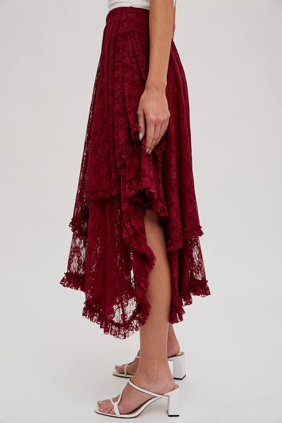 Lace Tier Midi Skirt BURGUNDY