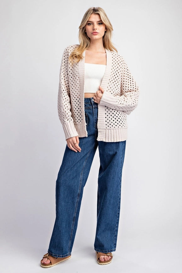 Plus - Long Sleeve Crochet Open Front Cardigan SAND