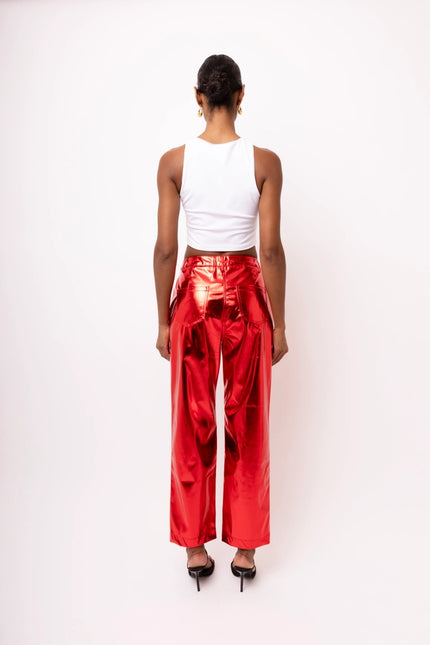 Lupe Straight Faux Leather Metallic Pants RED-Pants-Amy Lynn-Urbanheer