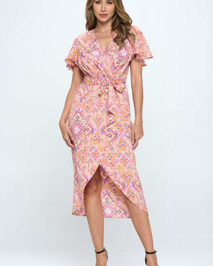 Print V Neck Dress With Tie-Renee C.-Urbanheer