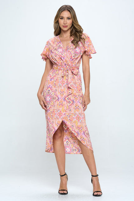 Print V Neck Dress With Tie-Renee C.-Urbanheer