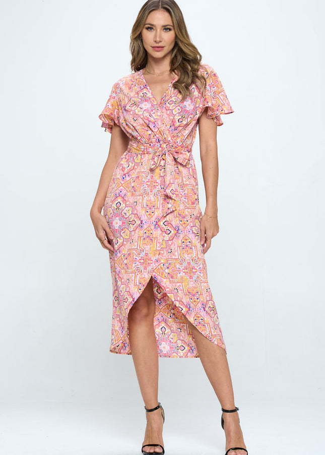 Print V Neck Dress With Tie-Renee C.-Urbanheer