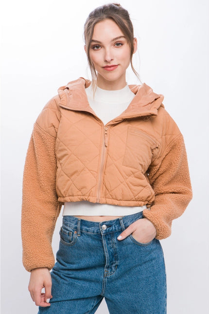 Diagonal Quilt Cropped Sherpa Arm Zip Up Jacket-Jacket-Pink Irene Wholesale-S-Kelly-Urbanheer