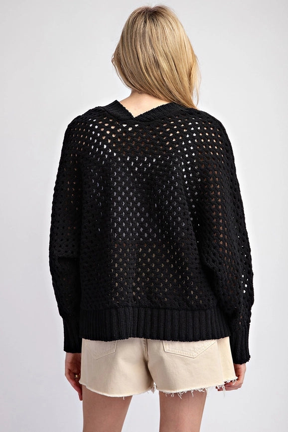 Plus - Long Sleeve Crochet Open Front Cardigan BLACK