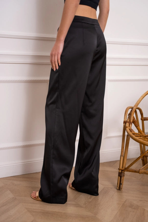 Satin Straight Cut Pants Black-Pants-Attentif Paris-Urbanheer