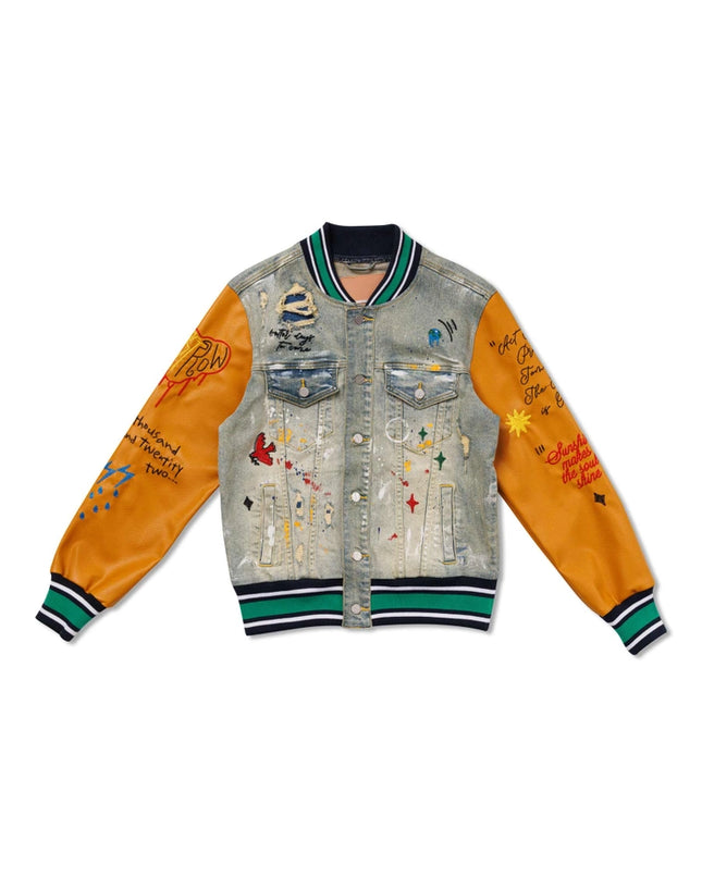 All Over Embroidered Varsity Denim Jacket-Jacket-First Row-Urbanheer