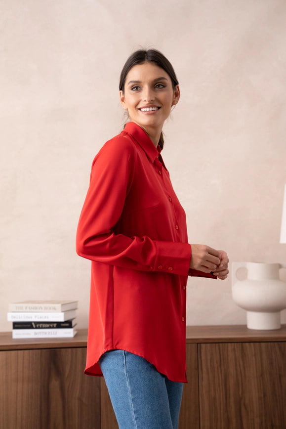 Plain Satin Shirt with Lapel Collar Red-SHIRT-Attentif Paris-Urbanheer