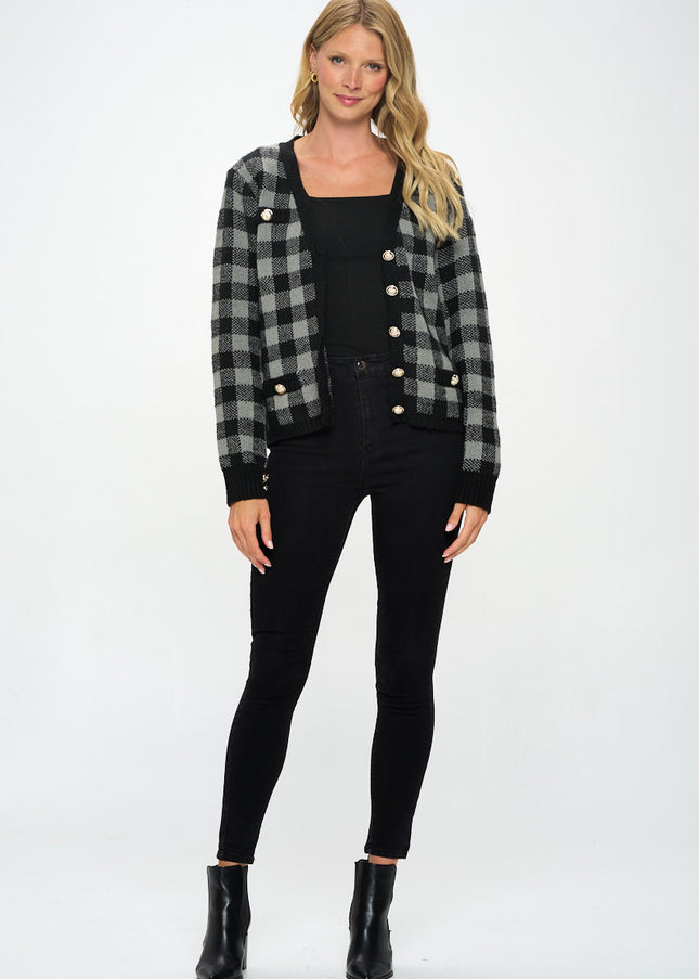 Checkered Knit Open Front Mini Cardigan With Buttons-Renee C.-Urbanheer