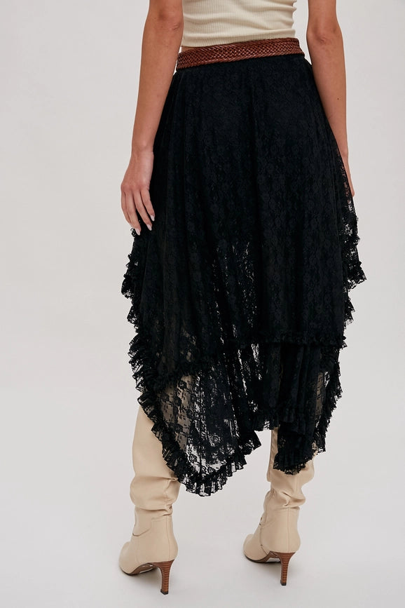 Lace Tier Midi Skirt BLACK