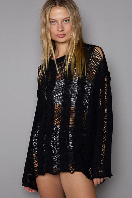 POL Distressed Round Neck Long Sleeve Knit Cover Up-UHX-Black-S-Urbanheer