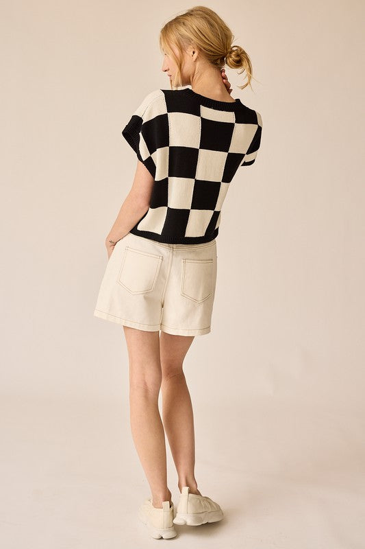 Hannah Loose Fit Checker Knit Top Black-TOP-Papermoon-Urbanheer