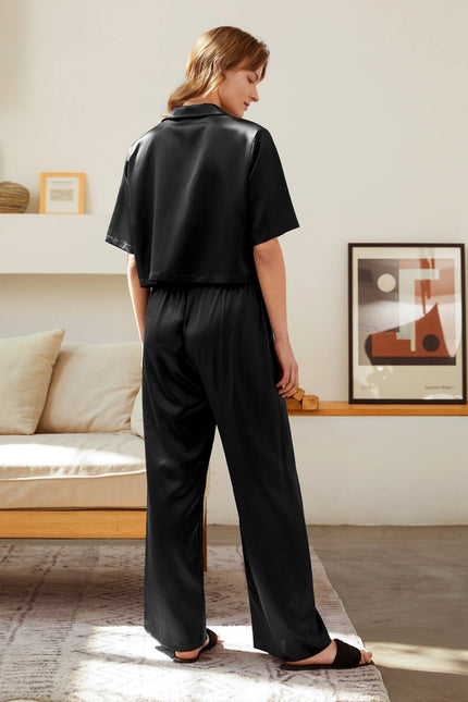 Short Sleeve Silk Pajamas Black-Pajamas-MommeSilk-Urbanheer