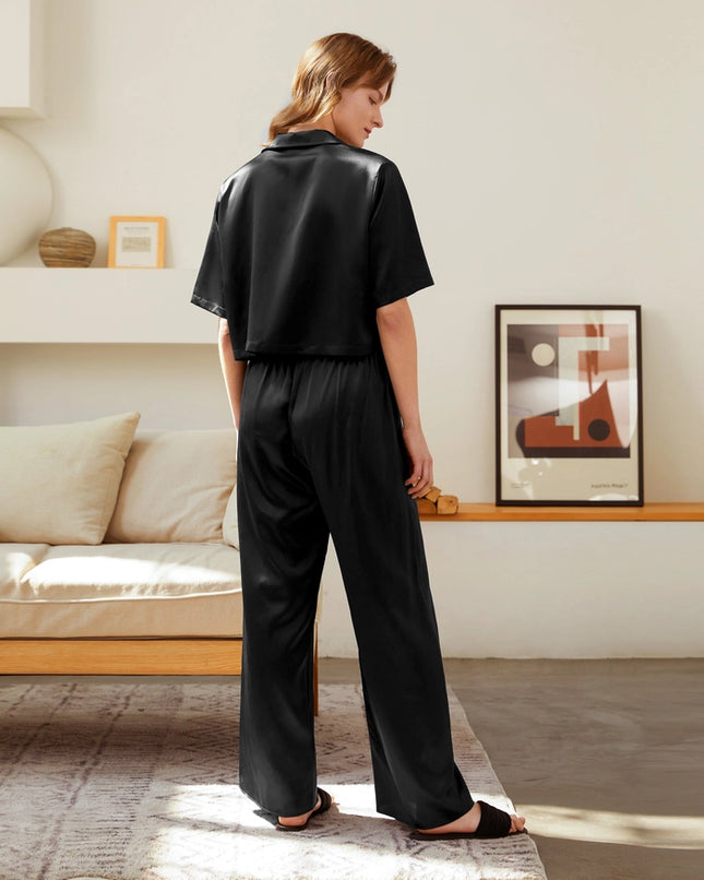 Short Sleeve Silk Pajamas Black-Pajamas-MommeSilk-Urbanheer