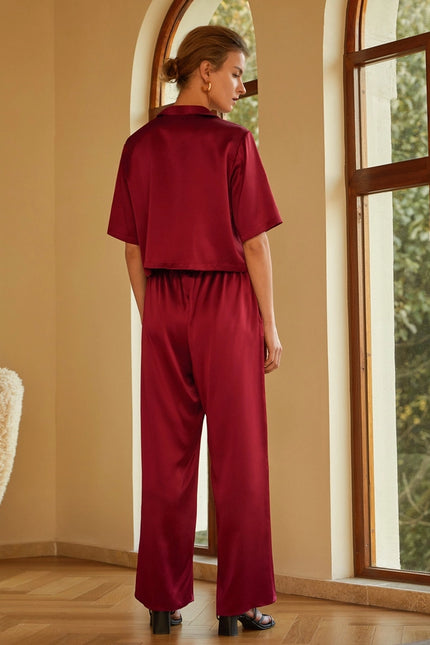 Short Sleeve Silk Pajamas Claret-Pajamas-MommeSilk-Urbanheer