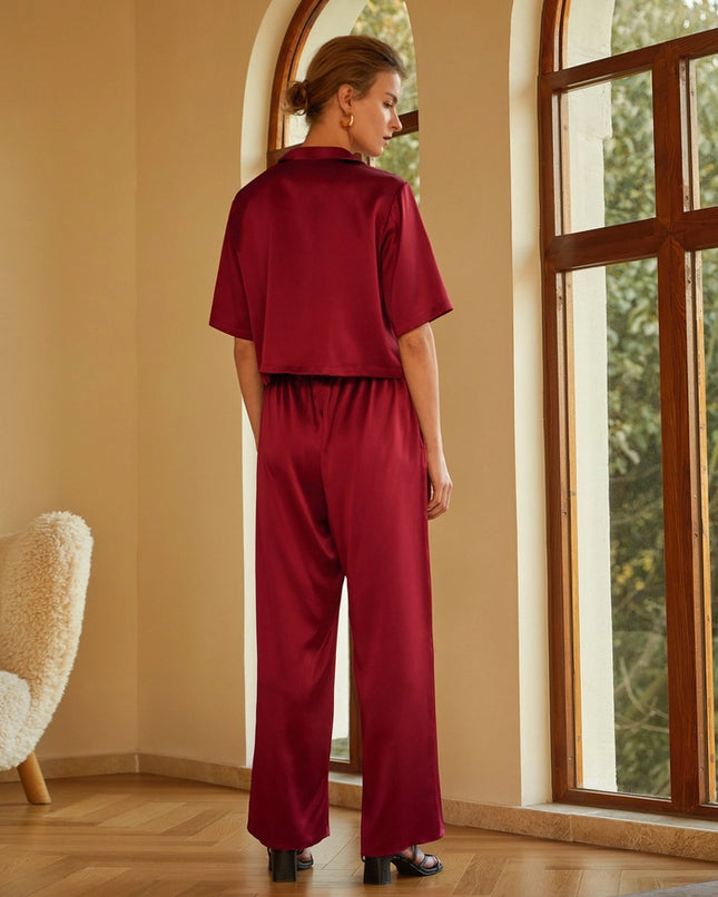 Short Sleeve Silk Pajamas Claret-Pajamas-MommeSilk-Urbanheer