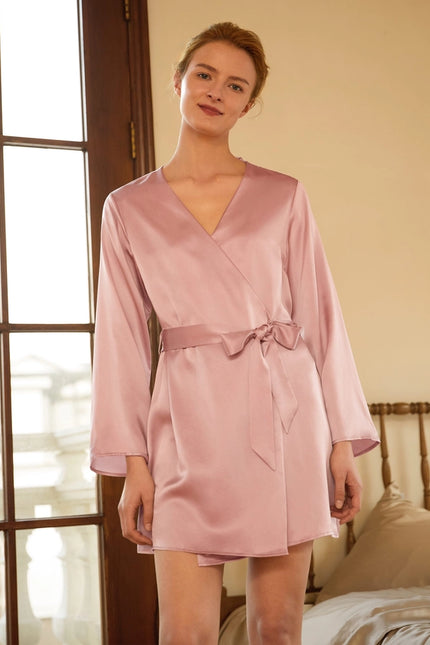 Loose Collarless Silk Rosy Pink-Robe-MommeSilk-Urbanheer