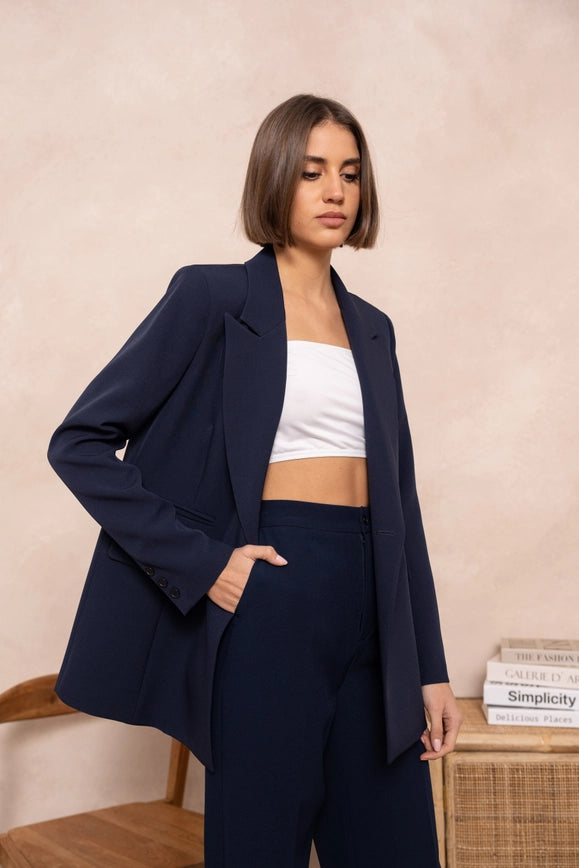 Signature Asymmetric Mid-Length Double-Breasted Plain Jacket Navy Blue-Jacket-Attentif Paris-Urbanheer