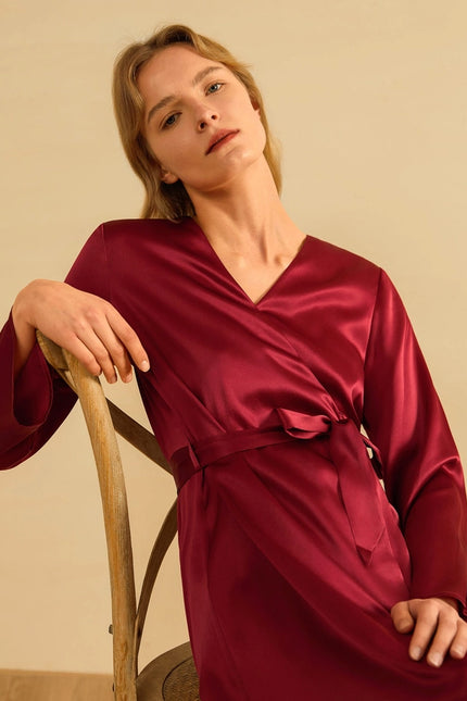 Loose Collarless Silk Claret-Robe-MommeSilk-Urbanheer