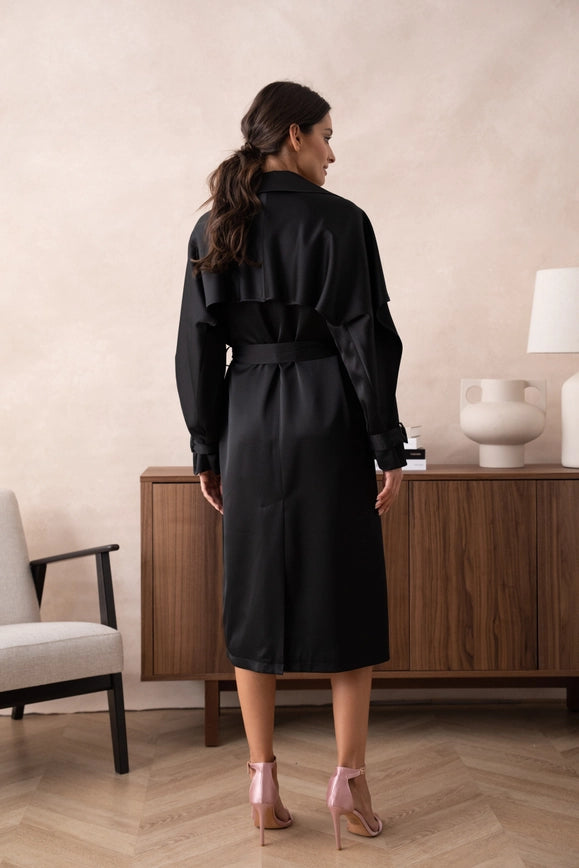 Long Satin Trench Coat with Belt Black-COAT-Attentif Paris-Urbanheer