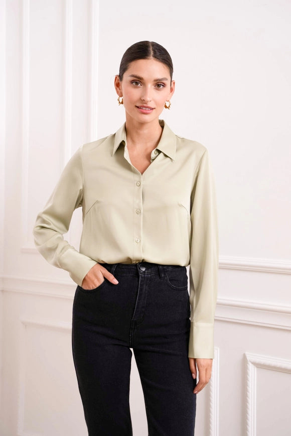 Plain Satin Shirt with Lapel Collar Water Green-SHIRT-Attentif Paris-S-Urbanheer